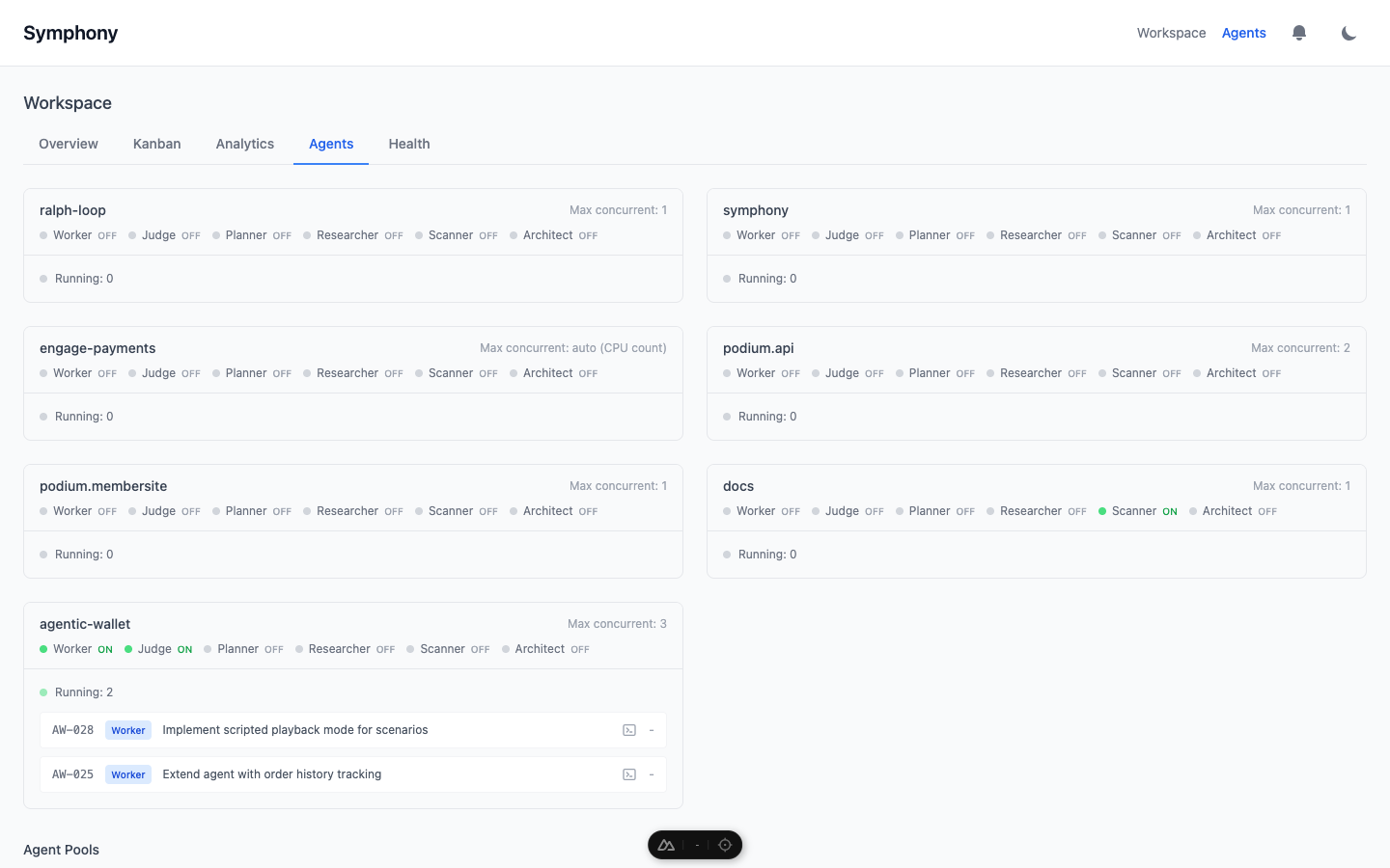Agents view showing per-project agent toggles and running agents
